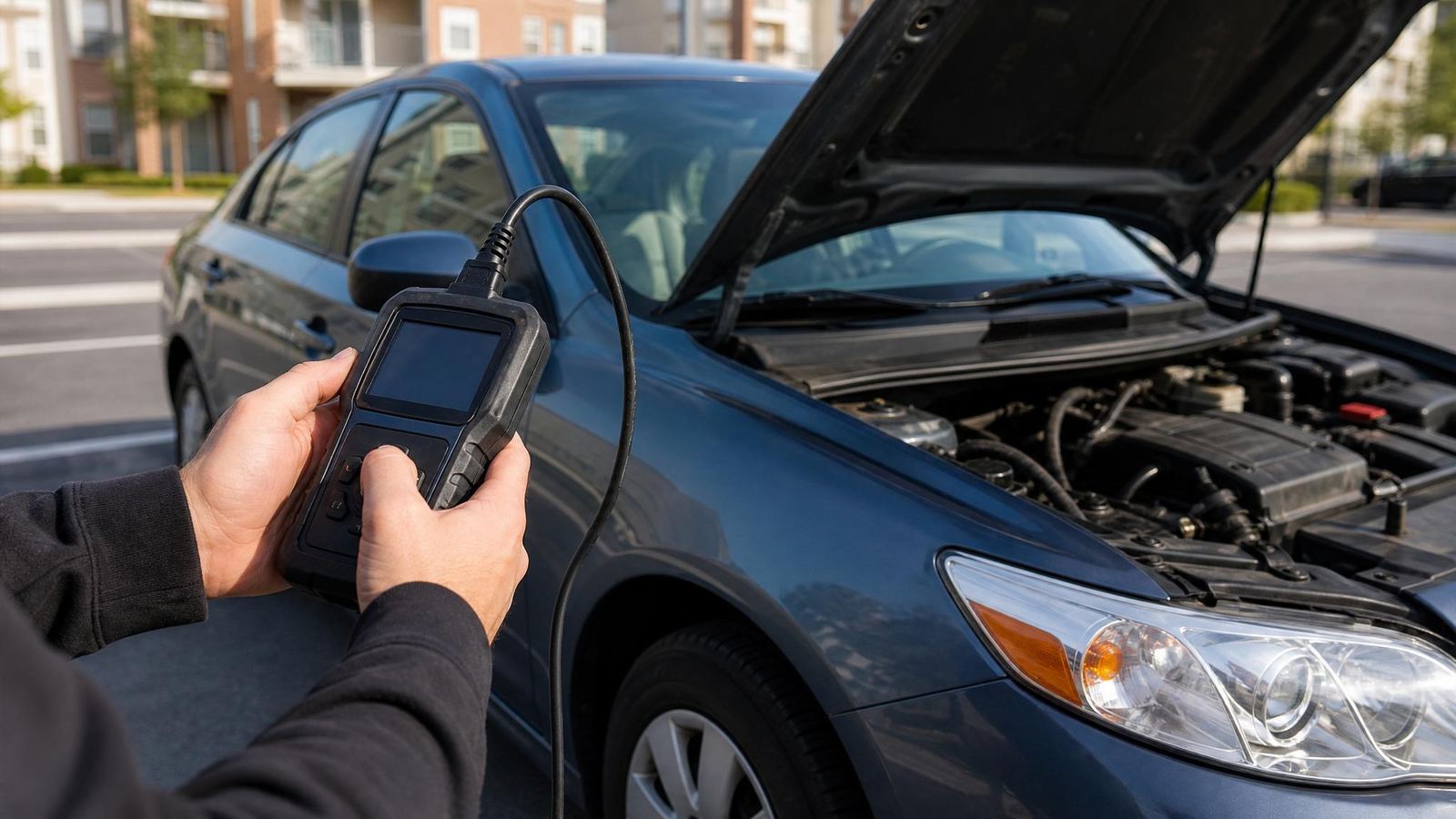 Atlanta mobile mechanic running diagnostics beside a customer car